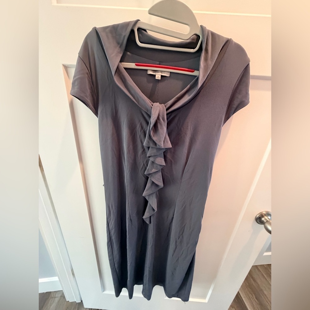 Classiques Entier Gray Ruffle Front Dress Size 12 Stretch Sheath Work Office